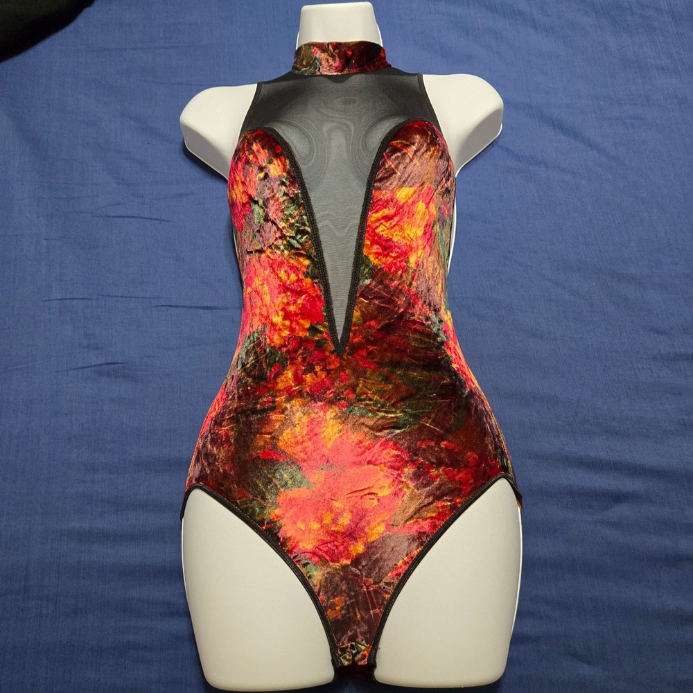 Victoria's Secret Bodysuit Womens Petite P Red Velvet Mesh Vintage Excellent 90s